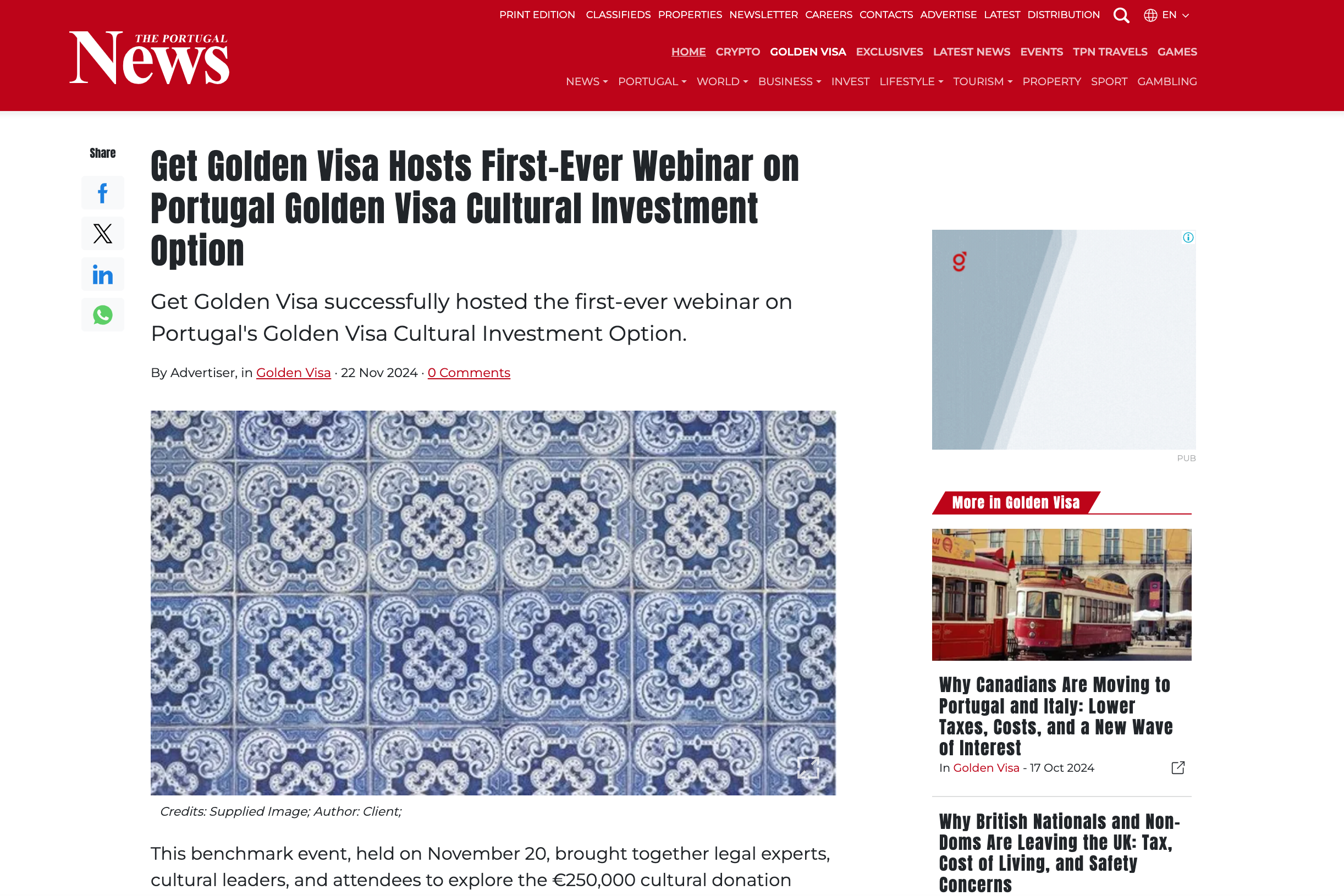 Get Golden Visa Hosts First-Ever Webinar on Portugal Golden Visa Cultural Investment Option