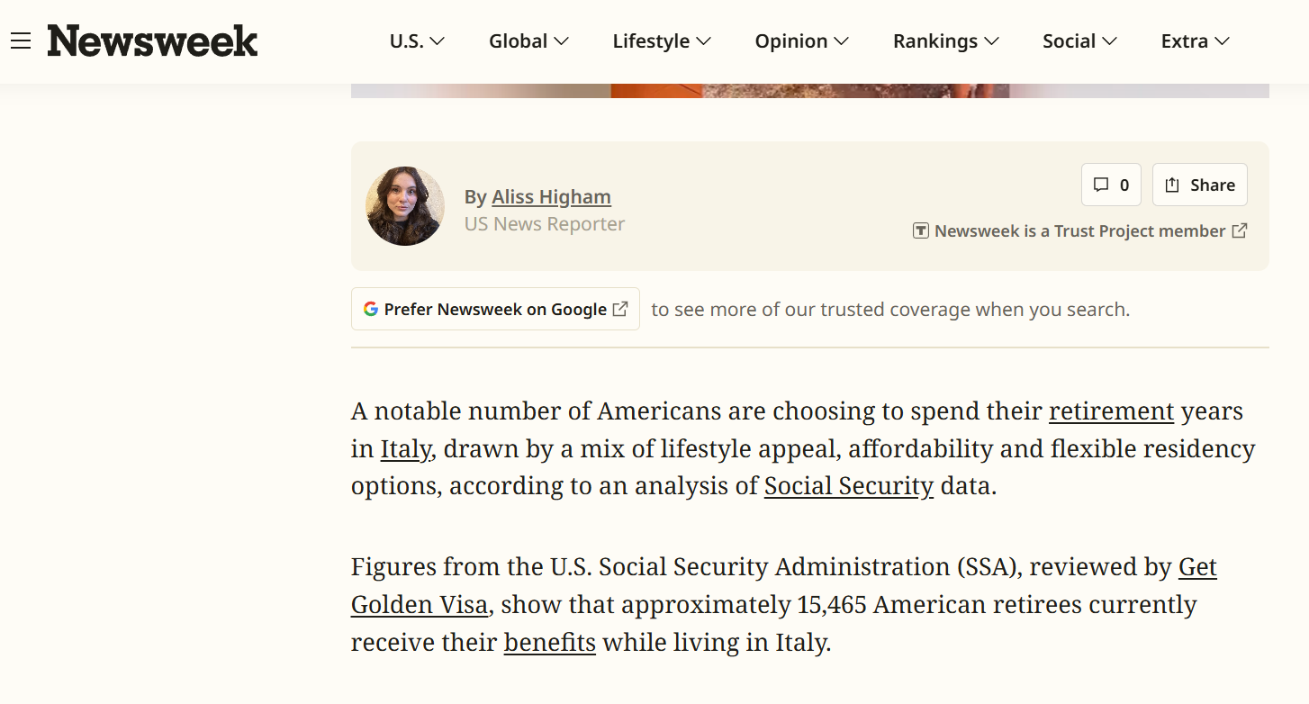 Social Security Data Shows Americans Retiring to Italy